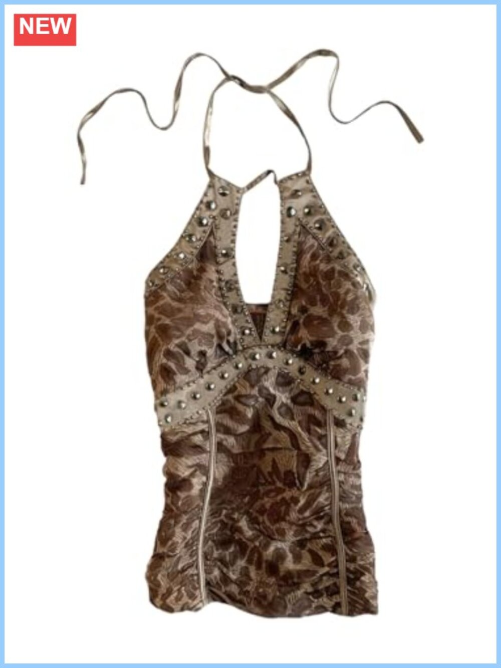 Y2K Leopard Print Halter Crop Top Cut Out Shirred Backless Party